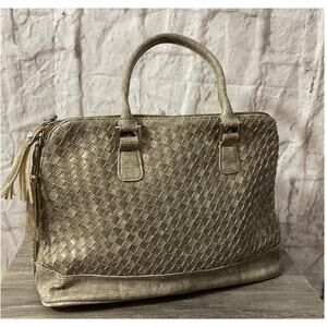Vintage Leslie Fay Woven Leather Taupe Handbag Satchel Excellent